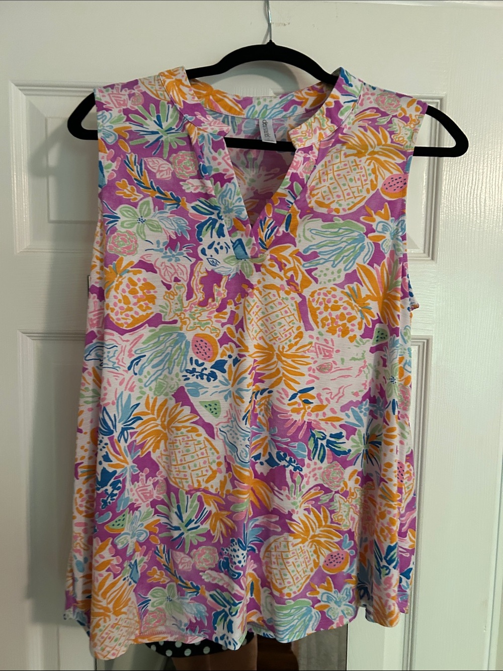 Scarlett Sleeveless V-Neck Tropical Print Top — Pink, Yellow, Blue, Green